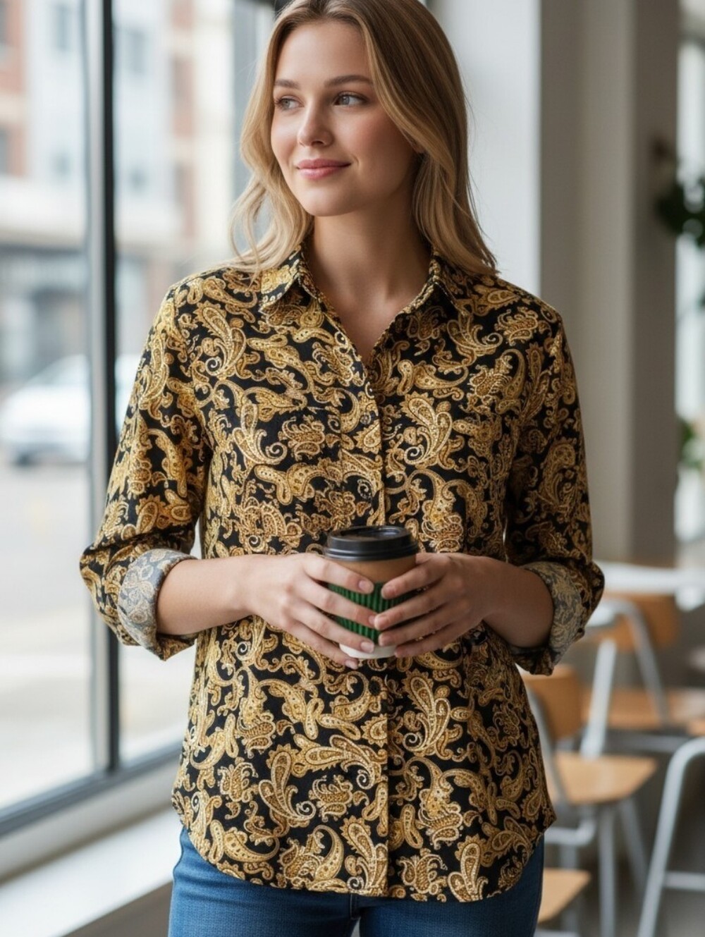 Chaus Ladies Black Gold Paisley Shirt Long Sleeve Button up top Sz.8